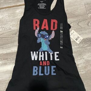 Disney Womans Tank Top - Black with Red, White, and Blue Stitch Design
